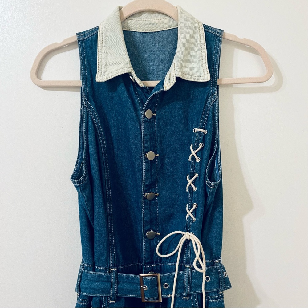 Retro denim romper with white collar and belt